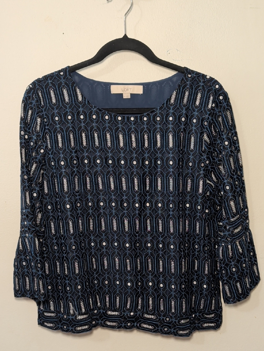 LOFT Navy Lace Eyelet Bell-sleeve Top Silver Embroidery Office Women's Size M